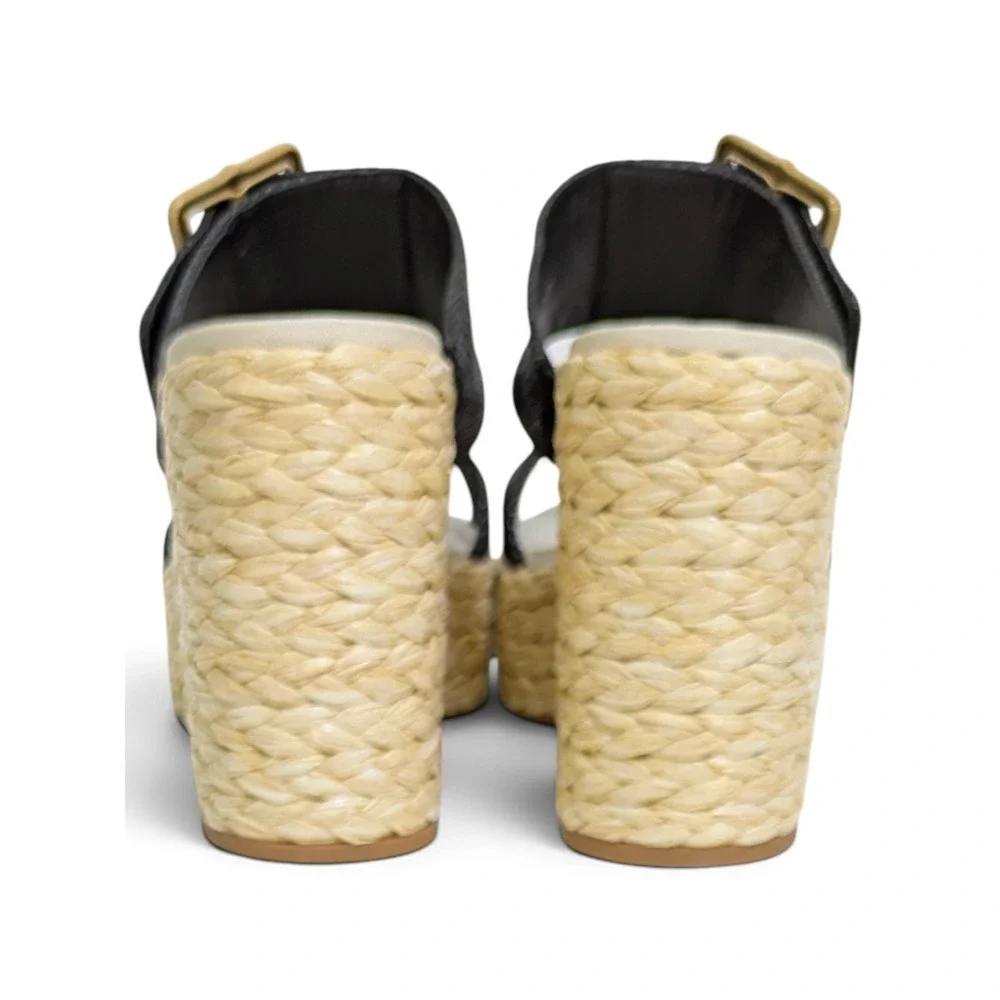 Dolce Vita Edwina Platform Black Raffia Woven Block Heel Bamboo Buckle Mules 9